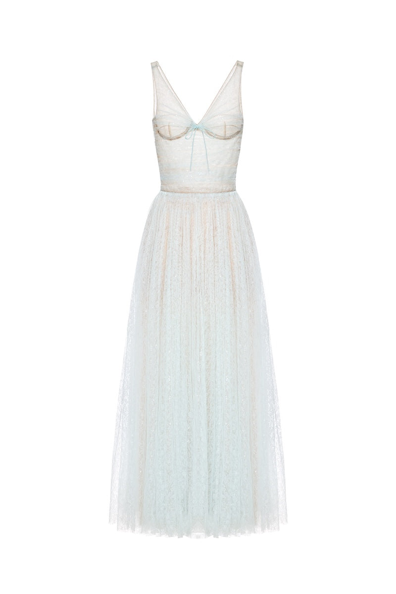 BLUE V-NECK DRAPED MIDI DRESS - CULT MIA