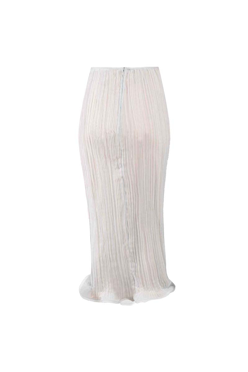 Blue YASSMIN SALEH Drift midi skirt with a flowing silhouette and ghostly back design, perfect for stylish casual wear.