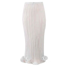 Blue YASSMIN SALEH Drift midi skirt with ghostly blue pattern, shown from the front. Stylish and flowing fashion piece.