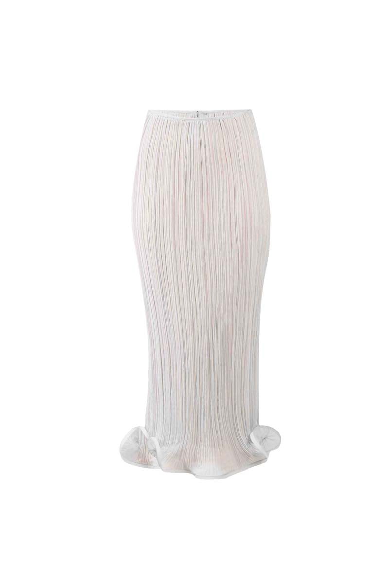 Blue drift midi skirt by YASSMIN SALEH, featuring a flowing design and stylish silhouette, displayed on a mannequin.