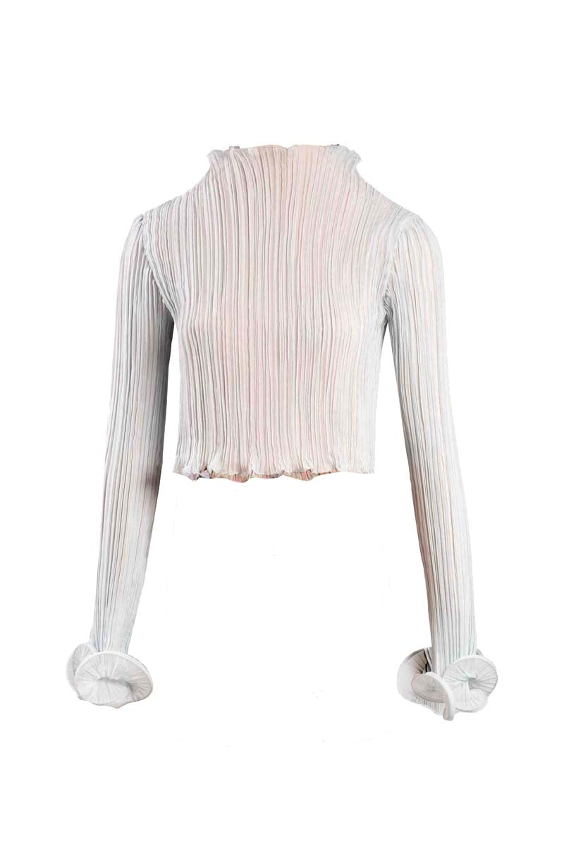 Blue YASSMIN SALEH Drift Top with ghostly design, front view showcasing stylish casual women's top.