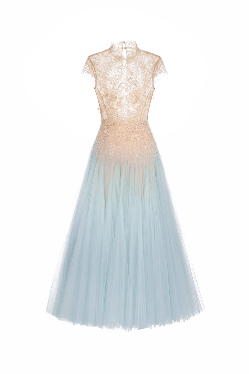 BLUE OMBRE CUT-OUT LACE DRESS