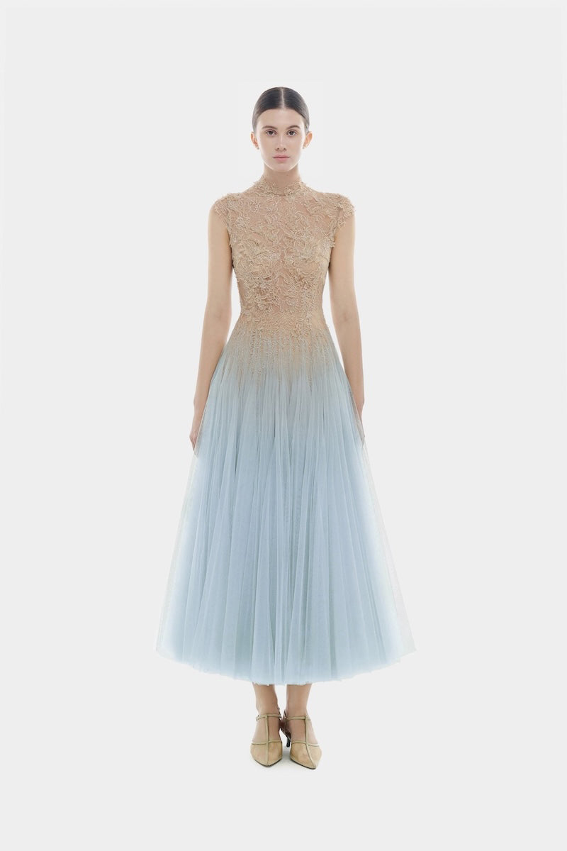 BLUE OMBRE CUT-OUT LACE DRESS
