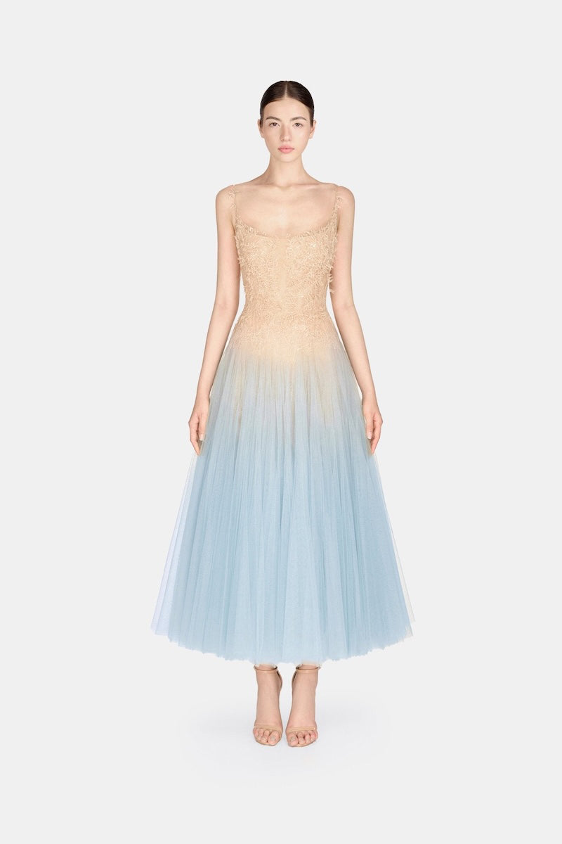 BLUE OMBRE LACE MIDI DRESS