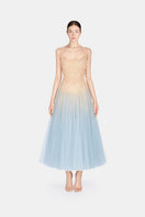 Blue ombre lace gown by Montsand, featuring a midi length with detailed lace fabric and elegant design.