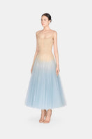 Blue ombre lace gown by Montsand featuring a midi length, intricate lace details, and elegant flowing design.