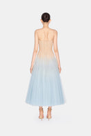 Blue ombre lace gown by Montsand featuring a midi-length design with delicate lace details and elegant flowing fabric.