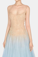 Blue ombre lace gown by Montsand featuring a flowing midi dress with intricate lace details and elegant design.