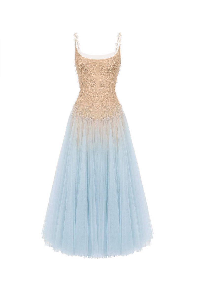 Blue ombre lace gown by Montsand featuring intricate lace details and a flowing midi-length design.