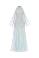 Blue pleated gown by Montsand featuring a midi length and elegant design, perfect for formal occasions.