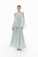 Blue pleated gown by Montsand, midi-length dress with flowing pleats and elegant design, perfect for formal occasions.