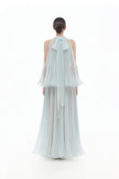 Elegant blue pleated gown by Montsand, midi-length dress with flowing fabric and pleated details, perfect for formal occasions.