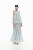 Blue pleated gown by Montsand featuring a flowing midi dress with elegant pleats and a flattering silhouette.