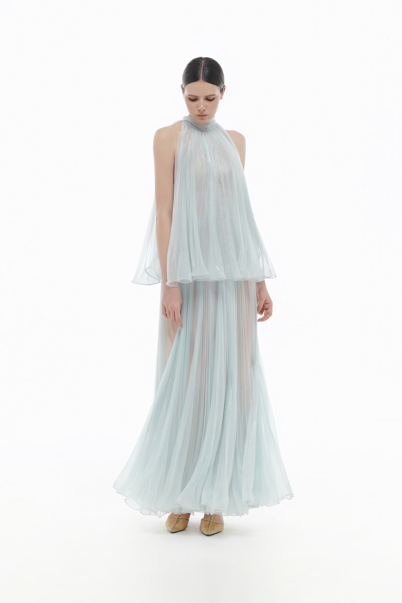 Blue pleated gown by Montsand featuring a flowing midi dress with elegant pleats and a flattering silhouette.