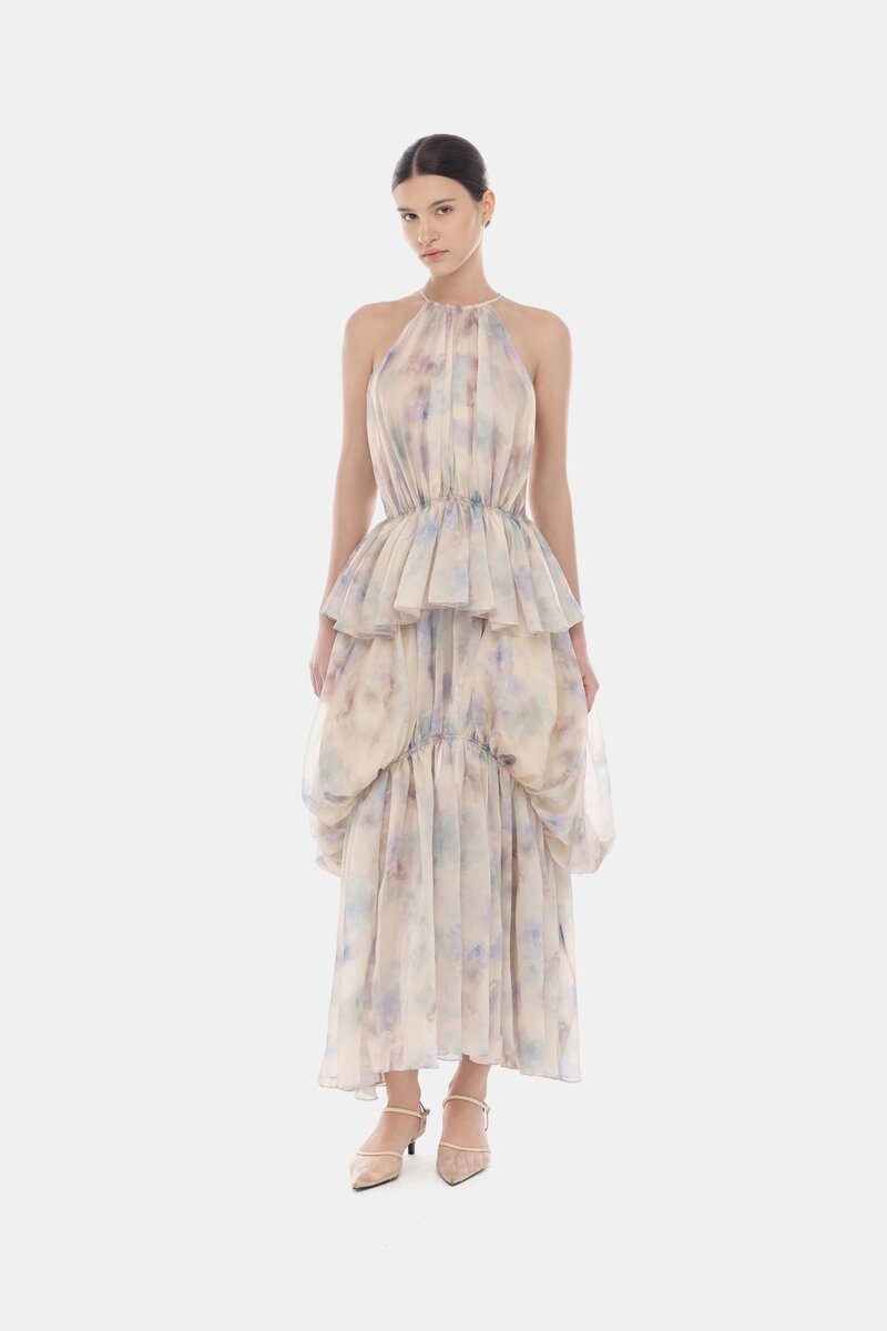 BLUE TIERED HALTER BUBBLE DRESS