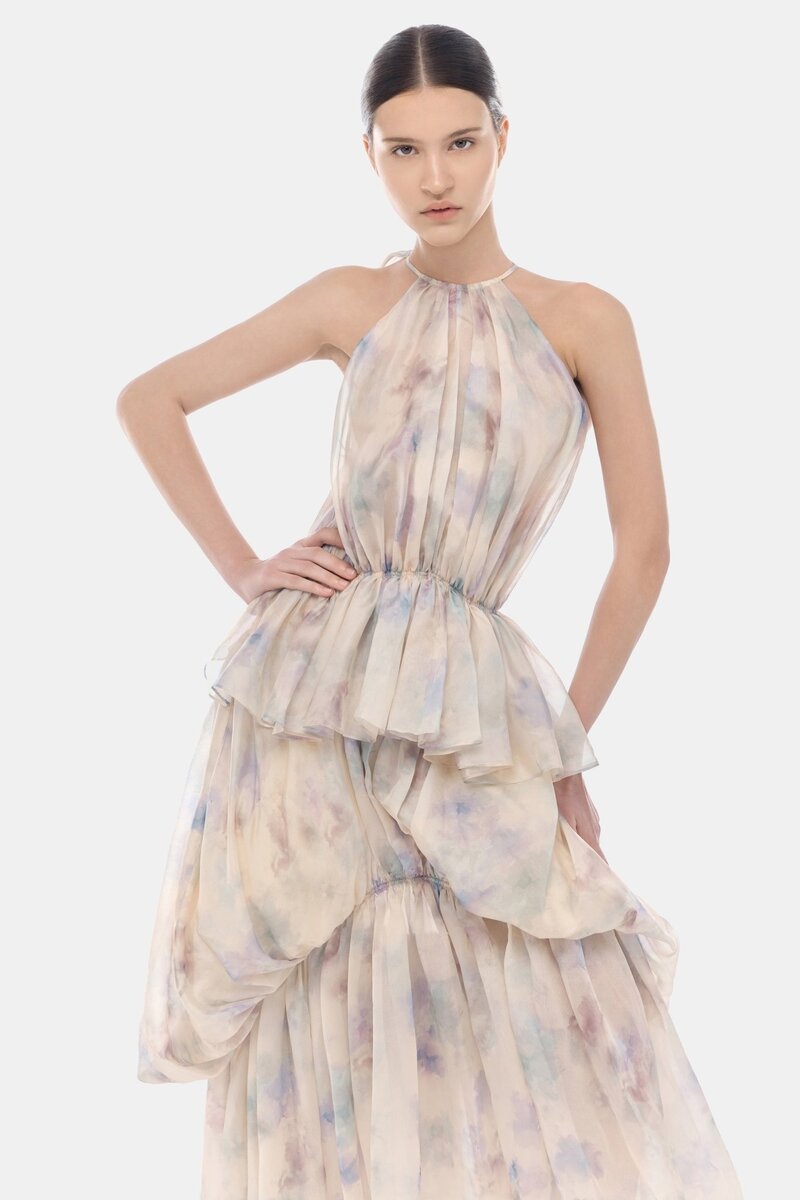Blue tiered halter bubble maxi dress by Montsand, featuring a flowing silhouette and vibrant blue color with tiered design.