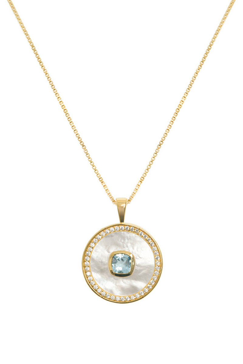 Blue topaz birthstone necklace with mother-of-pearl accents, vermeil gold setting, by Freya Rose.