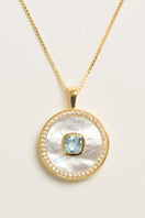 Blue Topaz December birthstone necklace with mother-of-pearl accents, vermeil gold chain, by Freya Rose.
