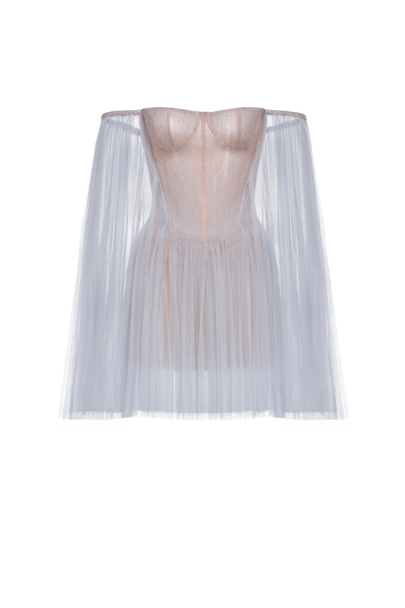 BLUE TULLE OFF-SHOULDER MINI DRESS
