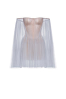 Blue tulle off-shoulder mini dress by Montsand, featuring a flowy silhouette and delicate fabric, suitable for stylish occasions.