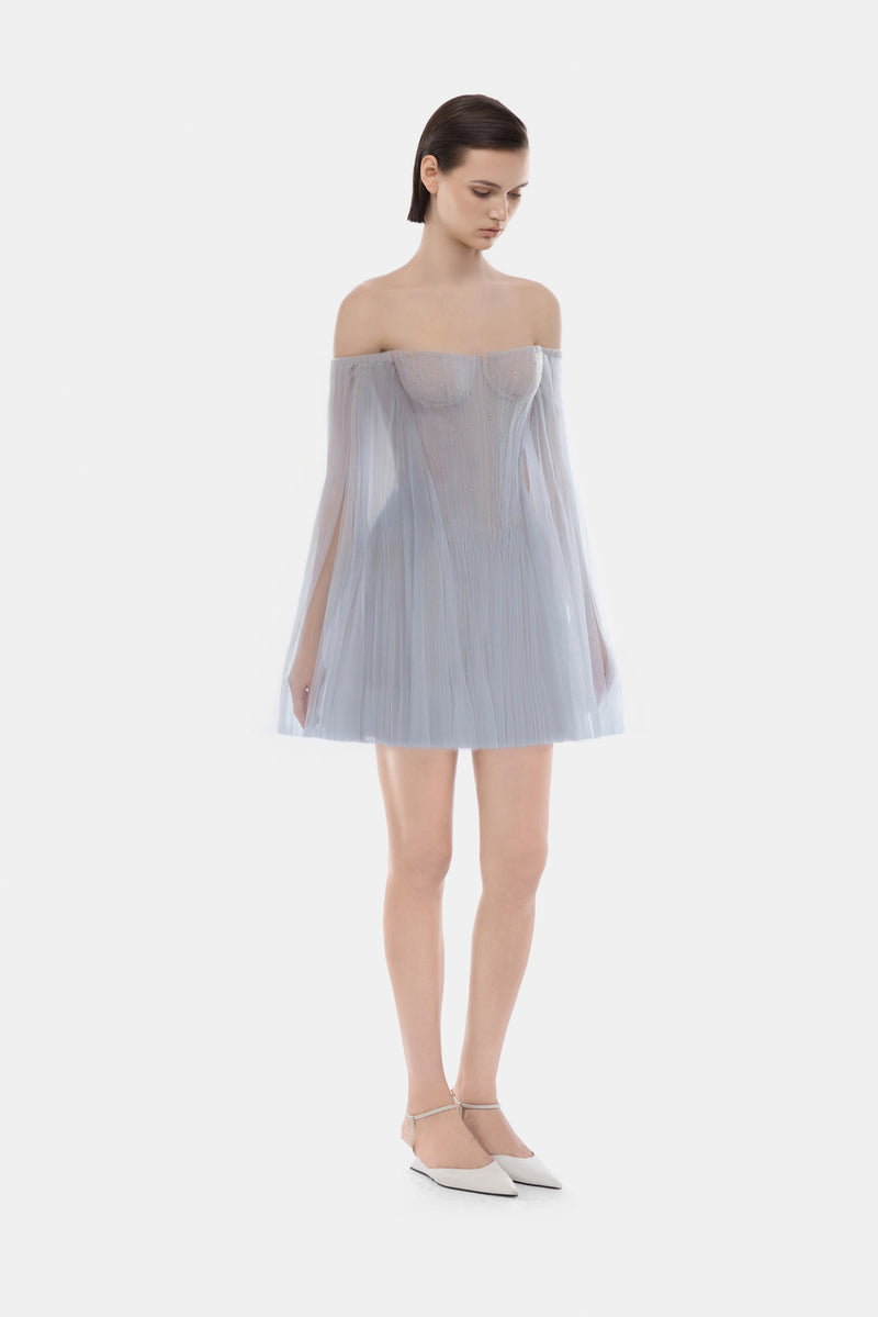 BLUE TULLE OFF-SHOULDER MINI DRESS