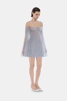 Blue tulle off-shoulder mini dress by Montsand, featuring a fitted silhouette and delicate fabric, perfect for elegant occasions.