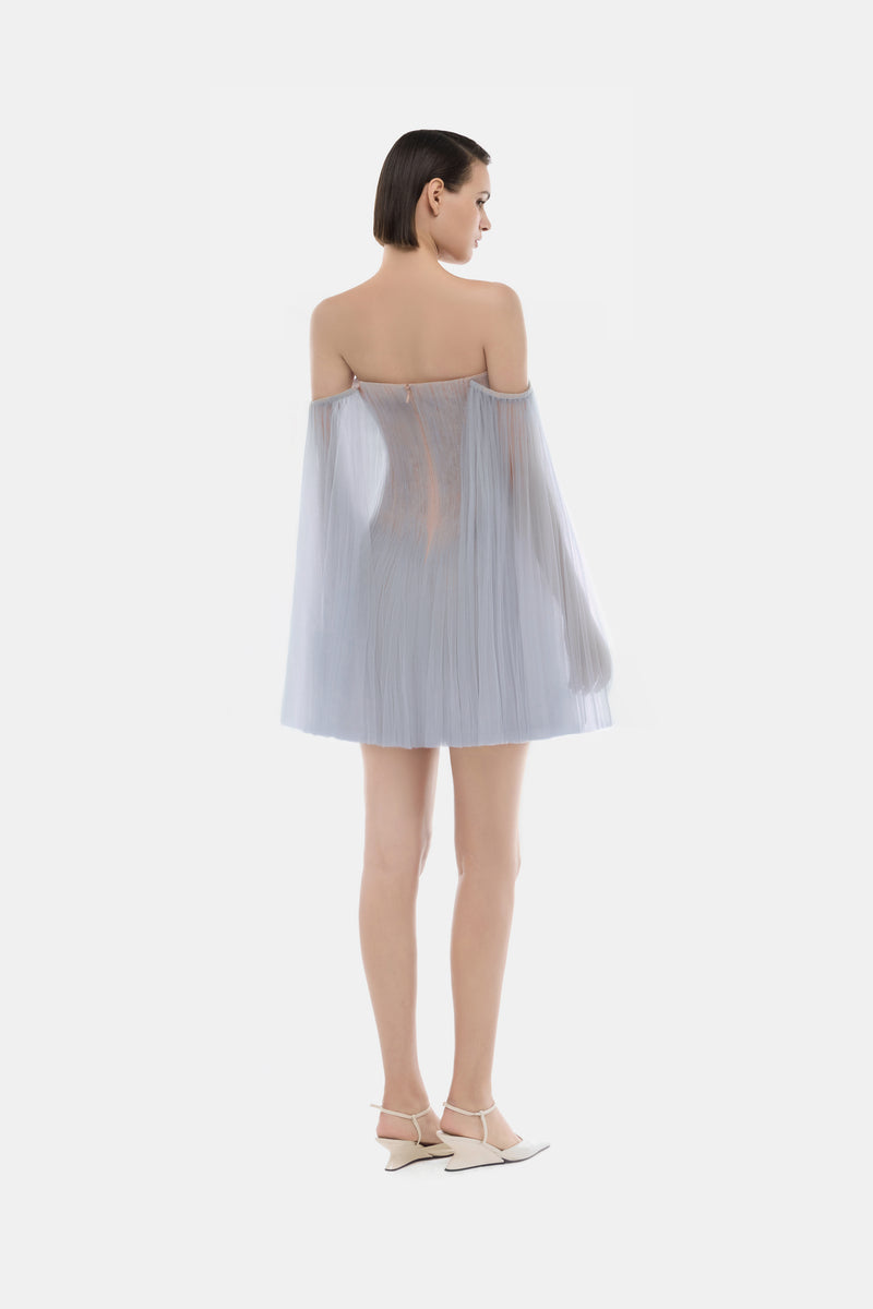 Blue tulle off-shoulder mini dress by Montsand, featuring a fitted bodice and flowy skirt, perfect for stylish occasions.