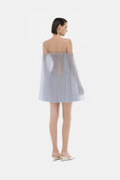 Blue tulle off-shoulder mini dress by Montsand, featuring a fitted bodice and flowy skirt, perfect for stylish occasions.