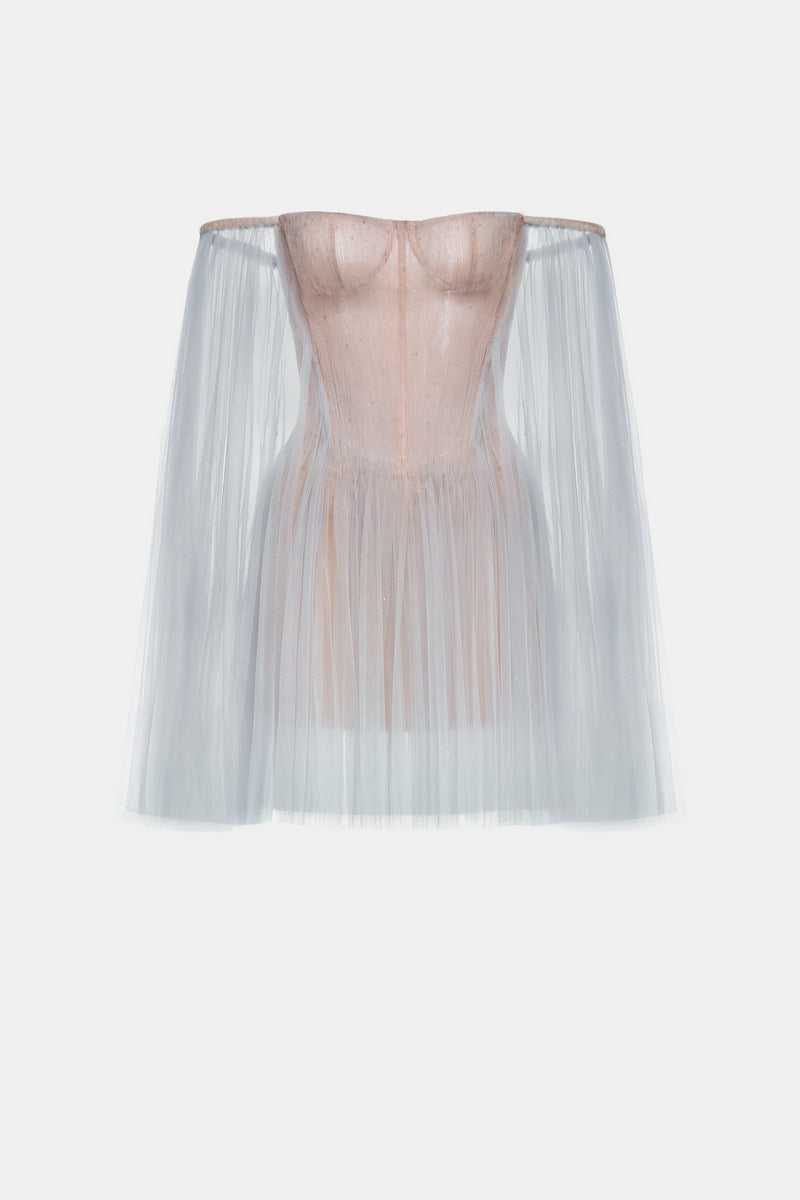 Blue tulle off-shoulder mini dress by Montsand, featuring a fitted bodice and flared skirt, perfect for elegant occasions.