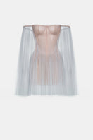 Blue tulle off-shoulder mini dress by Montsand, featuring a fitted bodice and flared skirt, perfect for elegant occasions.
