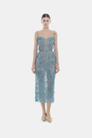 Blue beaded lace pencil gown by Montsand, featuring intricate lace details and a sleek fit, perfect for elegant occasions.