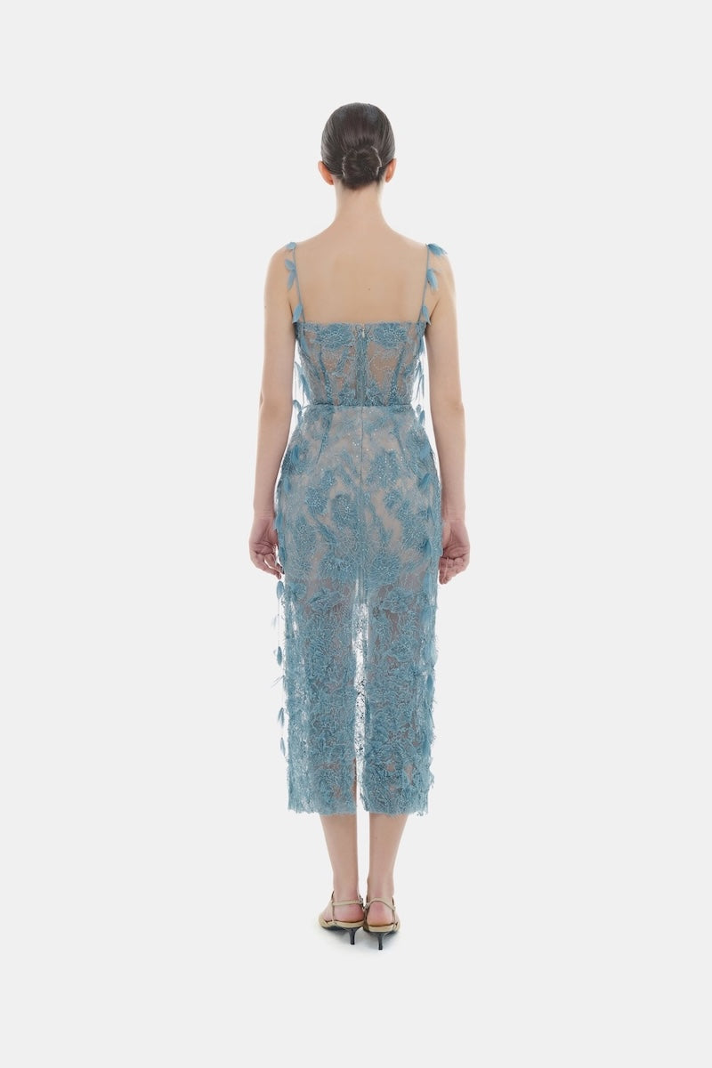 BLUE BEADED LACE PENCIL MIDI DRESS - CULT MIA