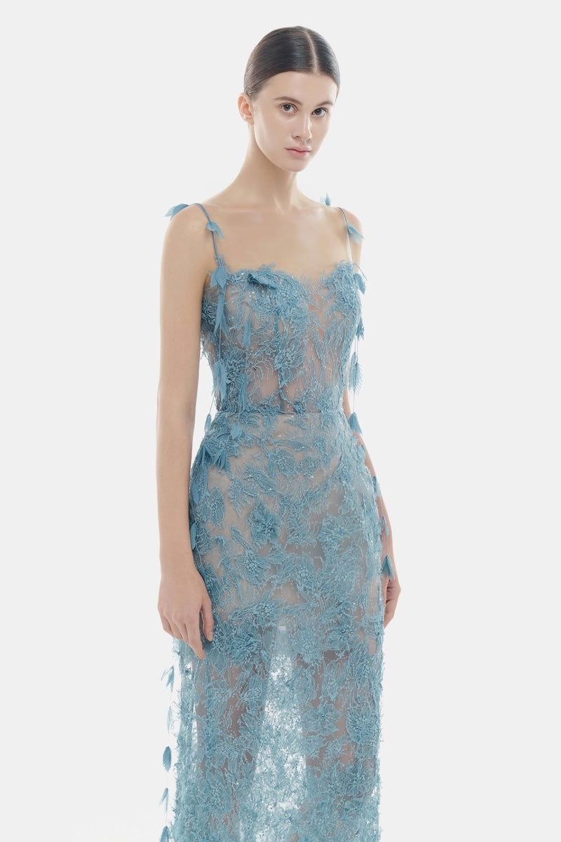 BLUE BEADED LACE PENCIL MIDI DRESS - CULT MIA