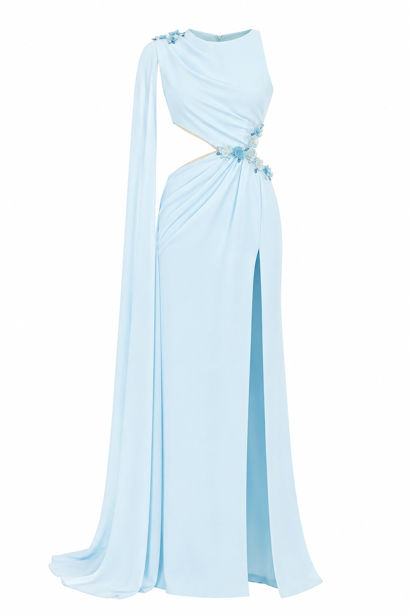 BLUE EMBELLISHED CAPE GOWN