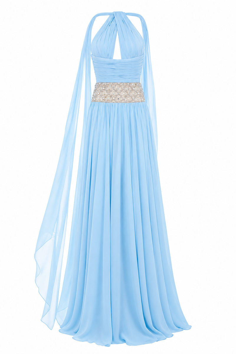 BLUE EMBELLISHED CHIFFON GOWN