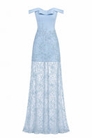 Blue embroidered lace gown by Monika Dimova, featuring intricate lace details and elegant design.