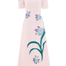 Blush sculpted notched A-line midi dress by Tiny Ink, featuring a fitted bodice and flared skirt, displayed on a hanger.