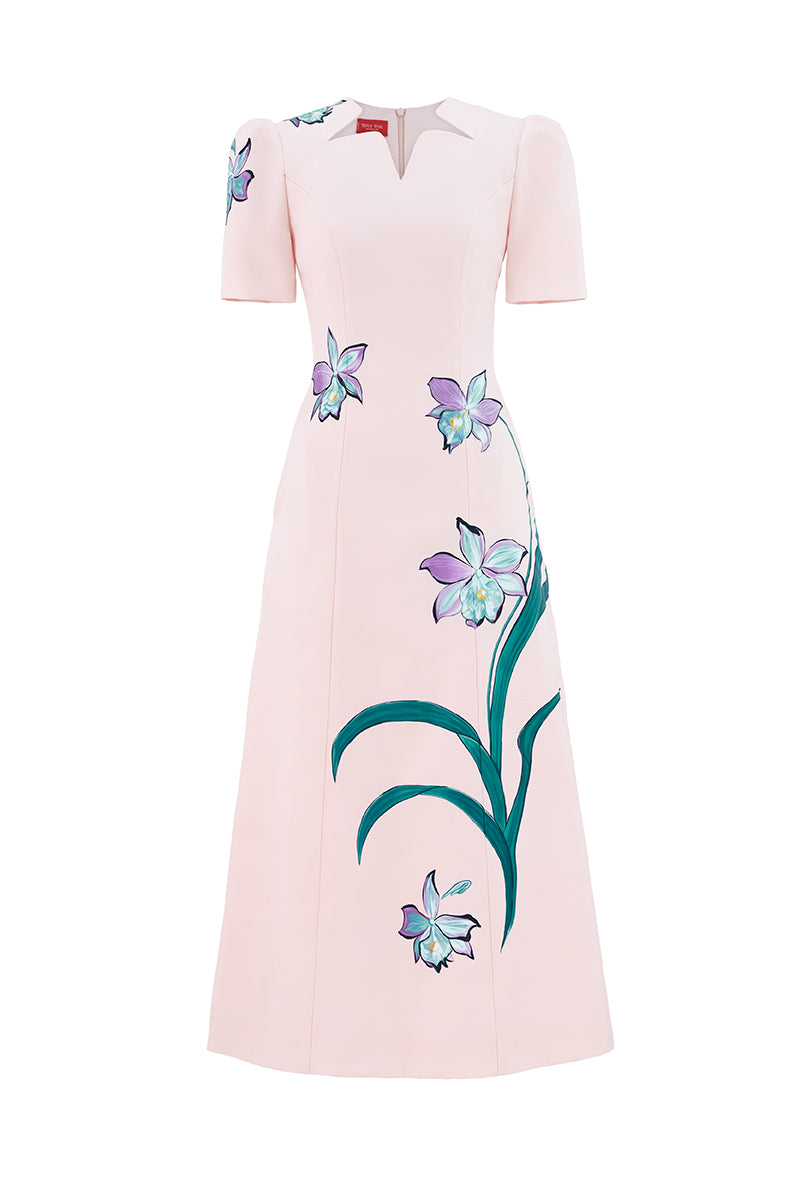 Blush sculpted notched A-line midi dress by Tiny Ink, featuring a fitted bodice and flared skirt, displayed on a hanger.