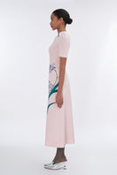 Blush sculpted notched A-line midi dress by Tiny Ink featuring a fitted bodice and flared skirt, displayed on a model.