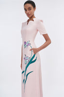 Blush sculpted notched A-line midi dress by Tiny Ink, featuring a fitted bodice and elegant flowy skirt.