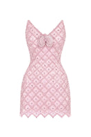 Blush embroidered mini dress by Monika Dimova featuring delicate floral embroidery and a stylish, fitted silhouette.
