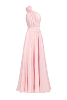 Elegant blush floral gown by Monika Dimova featuring a flowing design and delicate floral pattern, perfect for formal occasions.