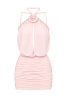 Light blush rose chiffon dress by Monika Dimova, mini length with flowing fabric and elegant design.