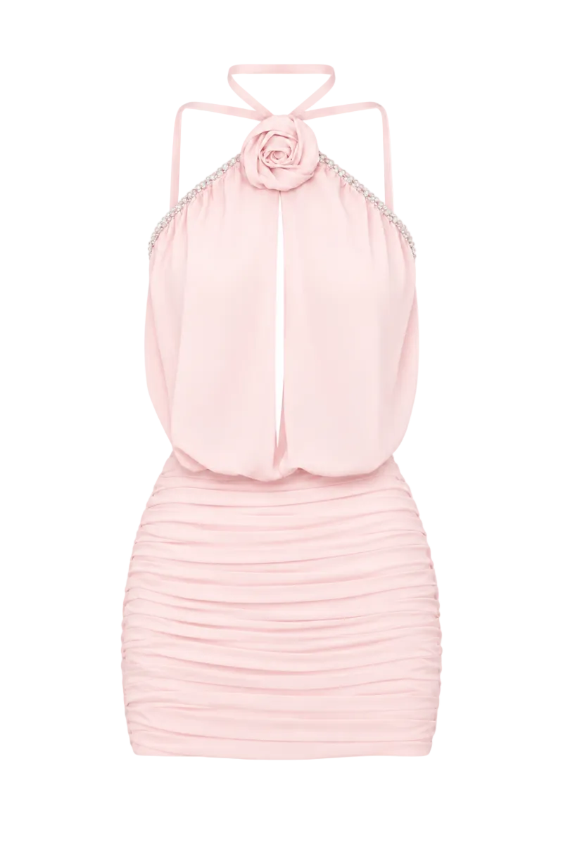Light blush rose chiffon dress by Monika Dimova, mini length with flowing fabric and elegant design.