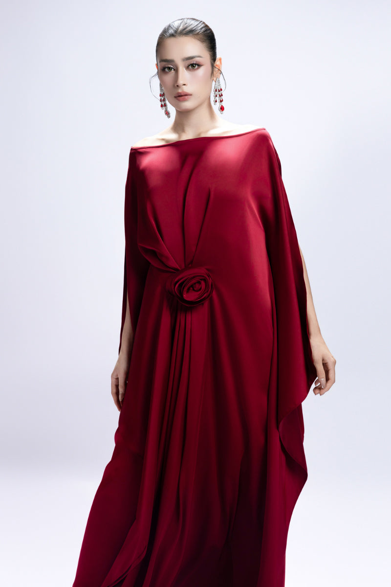 BOAT NECK FLOWER RUCHED MAXI DRESS IN RED | CULT MIA | Valenciani BOAT NECK FLOWER RUCHED MAXI DRESS IN RED | CULT MIA | Valenciani