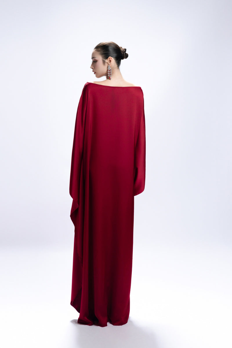 BOAT NECK FLOWER RUCHED MAXI DRESS IN RED