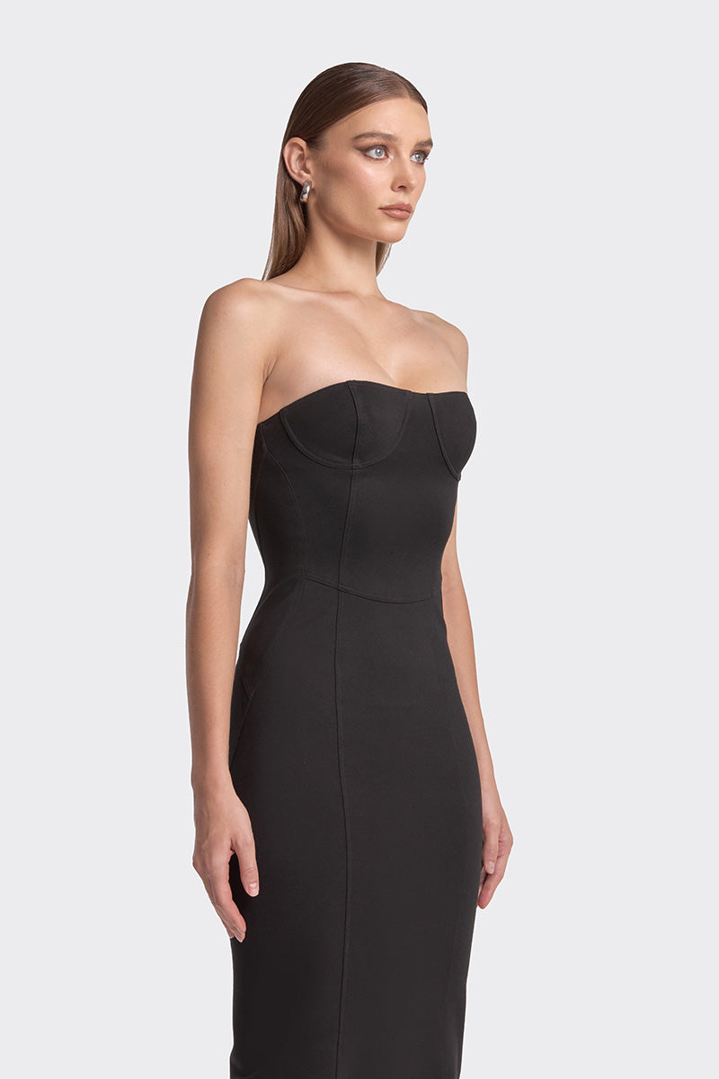 STRAPLESS MIDI BLACK DRESS - CULT MIA