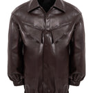 Brown oversized bomber jacket by KRIS MARÁN, shown hanging with front view and ribbed collar and cuffs.