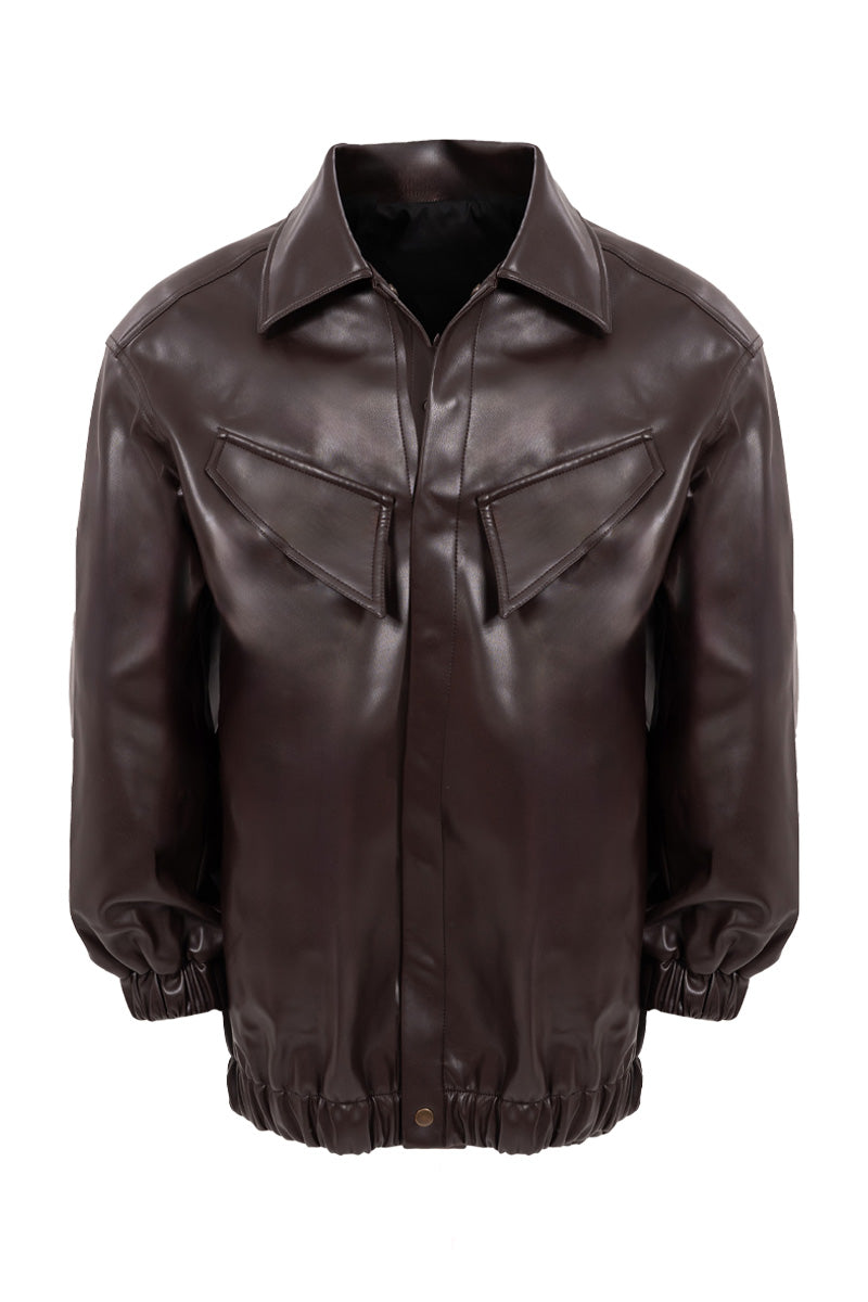 Brown oversized bomber jacket by KRIS MARÁN, shown hanging with front view and ribbed collar and cuffs.