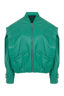 Maz Manuela Álvarez leather bomber jacket in Milano green, featuring a sleek design and classic collar detail.